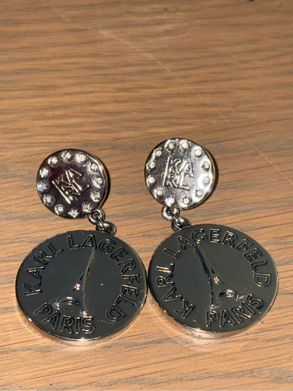 Karl Lagerfeld Black Eiffel Tower Coin Drop Earrings with Crystal Accents